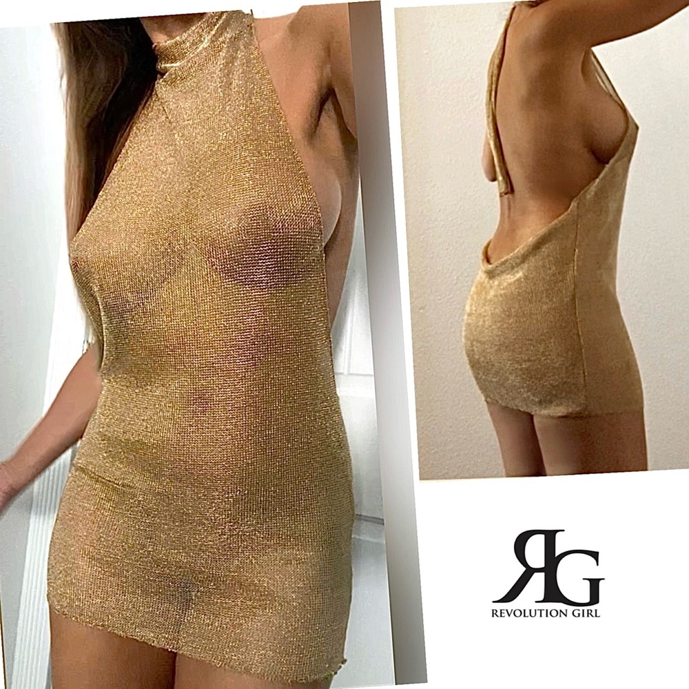 Gold Metallic Backless Chain Link Knit Mini Dress by Revolution Girl ⭐️